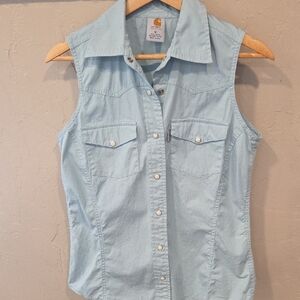 Carhartt Women's Sleeveless Button Down Shirt Light Blue Western Workwear Top M
